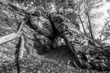 Siyah ve beyaz görüntüler Eski aşınmış granit kaya oluşumu mağara ve kırılma noktalarıyla Geisslinger Stein Koenigstein ve Hausstein yakınlarındaki Rusel ve Ruselabsatz ormanlarında Deggendorf ve Regen yakınlarındaki Bavyera Ormanı 'nda, Almanya