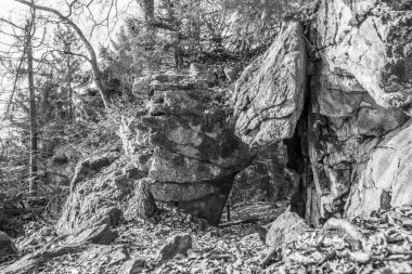 Siyah ve beyaz görüntüler Eski aşınmış granit kaya oluşumu mağara ve kırılma noktalarıyla Geisslinger Stein Koenigstein ve Hausstein yakınlarındaki Rusel ve Ruselabsatz ormanlarında Deggendorf ve Regen yakınlarındaki Bavyera Ormanı 'nda, Almanya