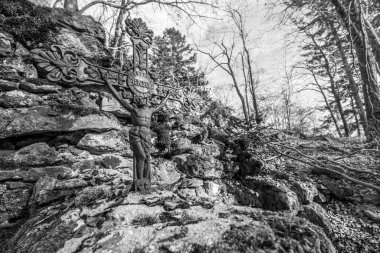 Siyah ve Beyaz. Eski taş, Almanya 'nın Deggendorf ve Regen yakınlarındaki Bavyera Ormanı' nda Geisslinger Stein Koenigstein ve Hausstein yakınlarında Rusel ve Ruselabsatz yakınlarında harabe bir manastır inşa etti.