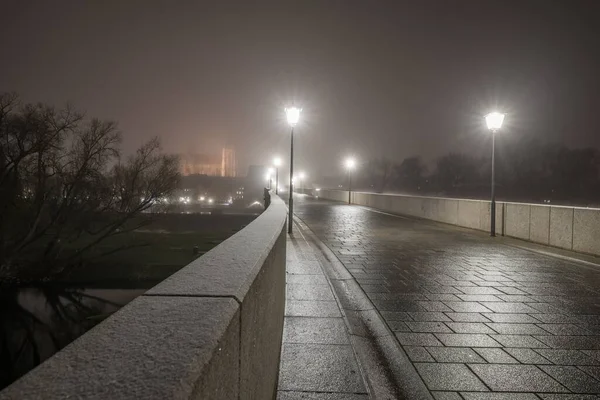 Vista Sobre Ponte Pedra Nevada Regensburg Noite Nevoeiro Sobre Rio — Fotografia de Stock