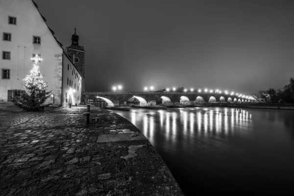 Vista Para Ponte Pedra Regensburg Noite Nevoeiro Sobre Rio Danúbio — Fotografia de Stock