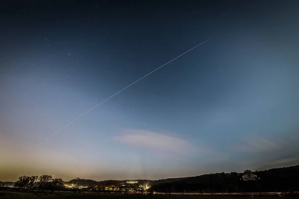 Exposição Longa Data Estação Espacial Internacional Iss Durante Pôr Sol — Fotografia de Stock