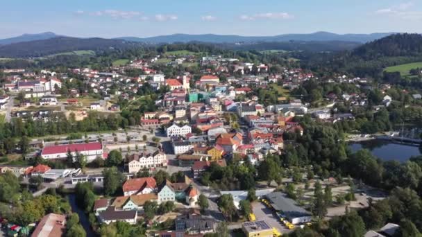 Slow Descent Footage Aerial Photography Drone Bavarian Forest View City — Stock Video