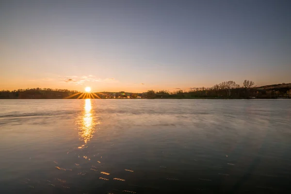 Paysage Coucher Soleil Sur Rive Danube Ratisbonne Avec Vue Sur — Photo