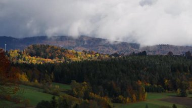 Bavyera tepeleri üzerinde sürüklenen bulutlar ve sis ile sonbahar ormanı manzarası