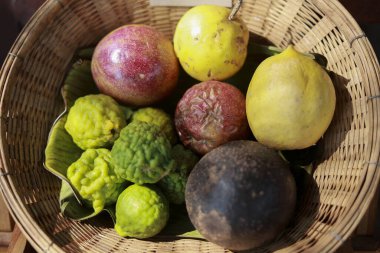 Dokuma sepetinde taze tropikal meyve çeşitleri. Tutkulu meyve, bergamot ve canlı, egzotik ve doğal his için limon içeren sağlıklı organik yiyecekler.