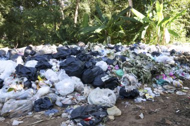 Büyük çöp yığını, plastik ve çöp hakkında. Yasadışı boşaltma, çevresel atık kirliliği ve ormandaki çöp sorunu.