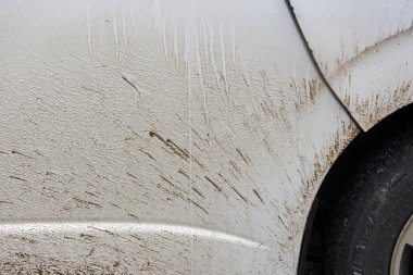 Kirli beyaz araba panelini çamurla kaplı bir şekilde kapat. Bu dağınık otomobil yüzeyi, profesyonel araba yıkama ve temizliğe ihtiyaç duyan kir ve kir dokusunu gösteriyor.