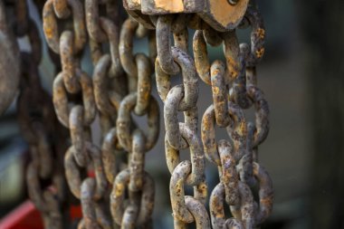 Paslı bir metal zincir halkasının asılı olduğu yakın çekim görüntüsü. Yıpranmış ve yıpranmış yüzey, yıllar süren endüstriyel kullanım ve bağlantıdan güç ve dayanıklılık gösteriyor.