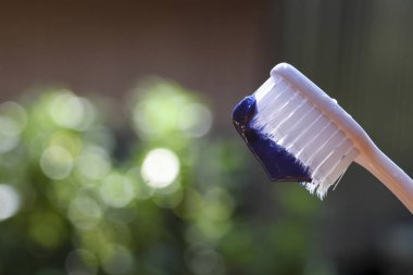 Sabah rutinine hazır mor diş macunuyla diş fırçasını kapat. Diş sağlığı, ağız sağlığı ve günlük sağlık alışkanlıklarına odaklanan yeni ve temiz bir konsept