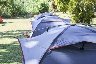 Yeşil çimlerin üzerinde gri kamp çadırları, açık hava macerasına hazır. Bu huzurlu kamp yeri yaz tatili için bir grup birlikteliği hissi veriyor.