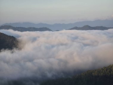 Geniş sis denizinin sakin ve sakin sabah manzarası. Bu huzurlu doğa manzarası uzak ufka uzanan beyaz bulutlarla dağ vadisini kaplıyor.