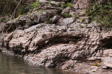 Engebeli, gri taş desenli nehir suyunun yanında jeolojik kaya katmanlarının yer aldığı, sarp uçurum boyunca akan, açık havada yetişen yeşil yaban bitkileriyle huzurlu doğa manzarası.