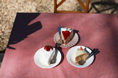 Lezzetli tatlı dilimleri beyaz tabakta çilekli pasta ve tatlı krema masada yemeye hazır kırmızı ekose masa örtüsüyle güneşli bahçe atmosferinde rahat ve mutlu hissediyorum.