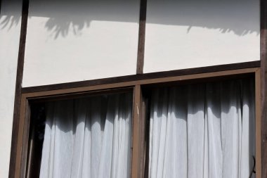 Beyaz beton duvardaki ağaç yaprağının gölgesi ve minimalist Japon tarzında gri perdeli ahşap pencere çerçevesi sakin ve huzurlu atmosferi gösteriyor.