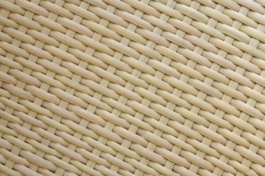 Doğal sarı örülmüş rattan desenli arka planda sakin işçiliği ve mobilya tasarımı veya yaz arkaplanı için ayrıntılı hasır kumaş yüzeyini göster