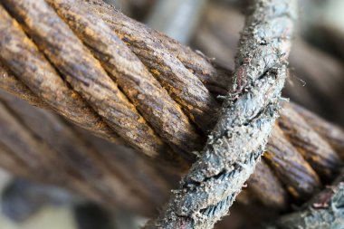Paslı çelik kabloyu bükülmüş metal tel dokusuyla kapatın. Güçlü bağlantıları ve terk edilmiş inşaat malzemelerinin endüstriyel gerilim duygusunu gösterin.