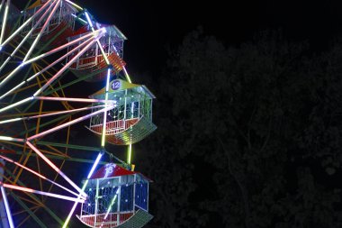 Renkli neon dönme dolap karanlık gece gökyüzüne karşı dönüyor eğlenceli eğlence parkı atmosferini canlı karnaval tekerindeki parlak ışıklı ışıkları gösteriyor