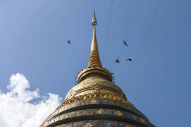 Asya, Tayland 'daki Budist tapınağının görkemli altın kulesi mavi gökyüzüne karşı duruyor. Antik stupa mimarisi huzur ve maneviyatı çağrıştırıyor.
