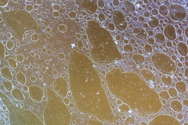 Soyut kahverengi yağ ve su karışımı dokusu benzersiz yuvarlak baloncuk şekilleri gösteriyor. Sıvı yüzeyde hareketsiz sanatsal duygularla yüzen şekiller.