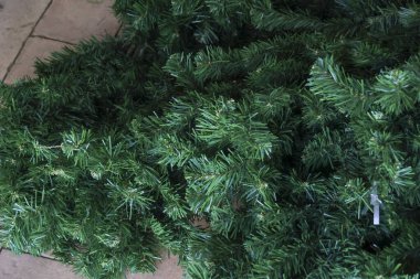 Çam iğneli yeşil yapay Noel ağacı dalına yakından bakın. Bayram dekorasyonu mevsimlik kutlamalara ve neşeli bir atmosfer yaratmaya hazır.