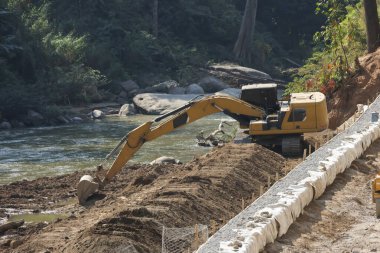 Güçlü sarı kazıcı inşaat projesinde çalışıyor, nehir kıyısında toprak ve çamur kazıyor. Bu sanayi sahnesi orman yakınlarındaki araziyi şekillendiren ağır makineleri gösteriyor.