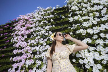 Sarı elbiseli mutlu genç kadın güzel bahçede güneşli bir günün tadını çıkarıyor. Beyaz ve pembe petunya çiçeklerinden oluşan dev bir duvarın önünde duruyor. Huzurlu ve huzurlu görünüyor.