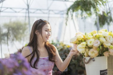 Mutlu Asyalı genç kadın büyük seranın içinde sarı çiçek buketi alıyor. Bu neşeli insan doğanın, bitkilerin ve renkli bahçenin güzelliğinin tadını çıkarıyor.