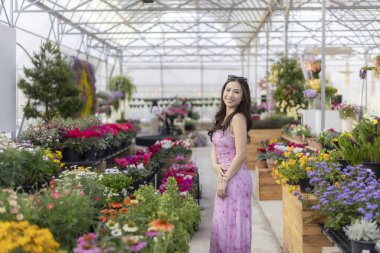 Mutlu güzel Asyalı kadın küçük işletme sahibi parlak sera çiçekçisinde duruyor. Gülümseyen bahçıvan renkli bitki ve çiçeklerle çevrili kameraya bakar.