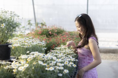 Güzel serada mutlu bir Asyalı kadın doğayla huzurlu bir anın tadını çıkarıyor. Beyaz çiçeğe hafifçe dokunur, fidanlıkta bitki ve çiçeklerle çevriliyken gülümser.