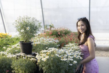 Mutlu Asyalı kadın, serada çiçek ve bitki alışverişi yaparken gülümsüyor. Güzel bir dişi, bahçenin sakin bir yaşam tarzını seviyor. Parlak güneşli bir odada, yeşillik içinde.