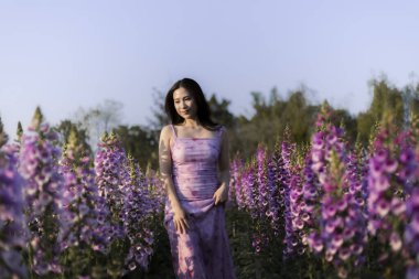 Mor elbiseli güzel bir Asyalı kadın çiçek tarlasında dikiliyor. Sakin ve huzurlu bir insan gün batımında doğal bahçe manzarasında huzurlu bir anın tadını çıkarıyor.