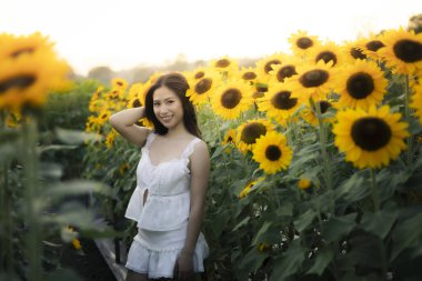 Sıcak yaz günbatımında, ayçiçeği tarlasında gülümseyen mutlu, güzel Asyalı kadın. Tasasız bir insanın açık hava portresi. Doğanın ve altın güneş ışığının tadını çıkarıyor.