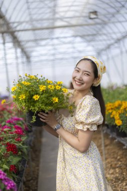 Mutlu gülümseyen Asyalı kadın serada sarı çiçekler tutuyor. Renkli çiçeklerle dolu güzel bir günde neşe dolu bahçe işleri hobisi.