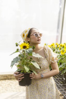 Serada sarı ayçiçeği saksısı tutan dingin genç bir kadın. Zarif bir yaz çiçeği elbisesi giyer, huzurlu bir ifadeyle yüzünü çevirir.