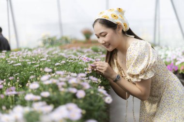 Güzel bahar bahçesinde çiçek kokan mutlu Asyalı kadın. Bu genç kişi seranın içindeki güzelliğin tadını çıkarıyor, dingin hissediyor ve bitki örtüsünü takdir ediyor.