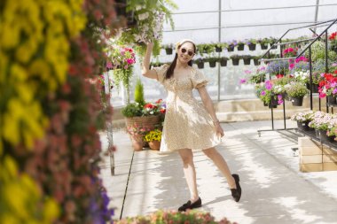 Mutlu Asyalı kadın bahar sera bahçesinde çiçek almak için alışverişe çıkıyor. Elbise ve güneş gözlüğü takıyor, neşeli bir ifadeyle renkli asılı sepete dokunuyor.