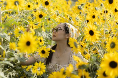 Yaz boyunca sarı ayçiçeği tarlasında mutlu güzel bir kadın. Yüzünde sakin bir ifadeyle, çiçek bahçesinde güneş gözlüğü ve bandana takarak doğanın tadını çıkarıyor.