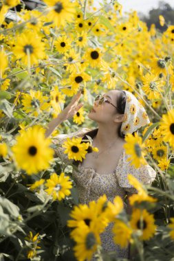 Sarı ayçiçeği tarlasında güzel bir yaz gününün tadını çıkaran mutlu genç kadın. Huzurlu bir yaşam tarzı. Doğayla iç içe. Canlı bir çiçeğe dokunuyor.