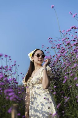 Güzel bir yaz elbisesi ve mor çiçek tarlasında poz veren güneş gözlüklü mutlu genç Asyalı kadın. Güneşli bir günde doğanın tadını çıkaran sakin bir insan portresi.