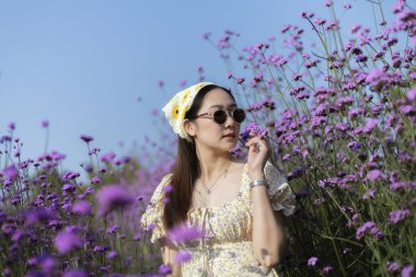 Sakin, sarı elbiseli, güneş gözlüklü ve bandanalı genç Asyalı kadın, doğa ve açık mavi gökyüzü ile çevrili mor verbena çiçek tarlasında huzurlu güneşli bir günün tadını çıkarıyor.