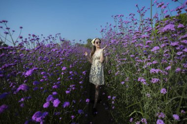 Beyaz elbiseli mutlu genç Asyalı kadın yazın güzel mor çiçek tarlalarında yürüyor. Açık mavi gökyüzü açık Verbena bahçesinde huzurlu bir an.