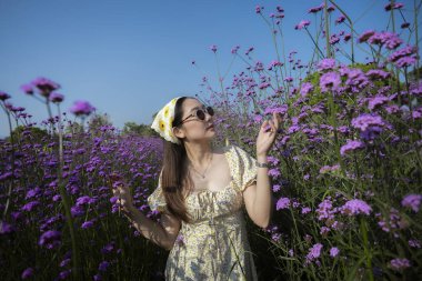 Mor çiçek tarlasında güneş gözlüğü takan mutlu kadın. Doğada güzel bir yaz gününün tadını çıkarıyorum. Etrafı verbena çiçekleriyle çevrili.