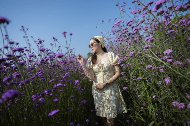 Mor çiçek tarlasında mutlu genç Asyalı kadın açık havada yazın tadını çıkarıyor. Güneşli bir günde açık mavi gökyüzünün altında çiçek açan verbena bahçesinde huzurlu bir an.