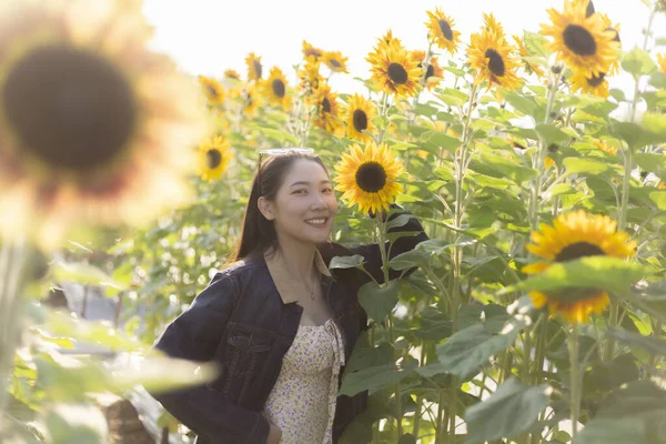 Ayçiçeği tarlasında gülümseyen mutlu, güzel Asyalı kadın sıcak güneş ışığının tadını çıkarıyor. Neşeli insan yaz günü kendini özgür ve mutlu hisseder.