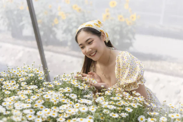 Güzel çiçek bahçesinde gülümseyen mutlu Asyalı kadın. nazik dişi doğanın tadını çıkarıyor ve baharda beyaz papatyaya dokunuyor. Dinginlik ve saf neşe kavramı