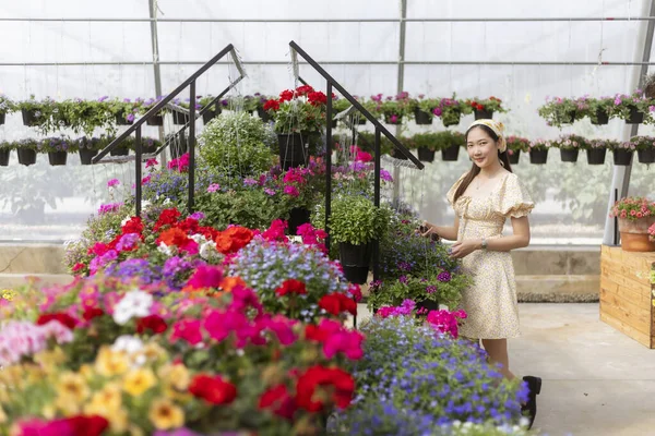 Serada duran güzel gülümseyen Asyalı kadın. Renkli çiçeklere ve bahçedeki bitki gösterimine hayran. Doğayla iç içe olan mutlu insan.