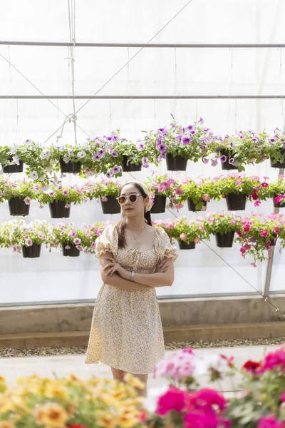 Bej elbiseli düşünceli genç Asyalı kadın güneşli seranın içinde duruyor. Etrafı renkli saksılarla çevrili. Bitki yetiştirme yurdunda huzurlu bir gün geçiriyor.
