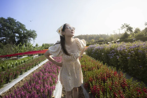 Renkli çiçek tarlasında dikilen yaz elbisesi içinde mutlu, güzel bir kadın. Neşeli kadın güneşli bir günde açık hava bahçesinde güneşli güneşin ve doğanın tadını çıkarıyor.