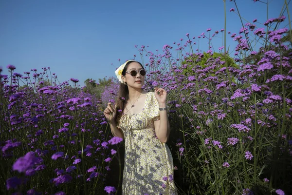 Mor çiçek tarlasında güneşli günün tadını çıkaran mutlu güzel kadın. Canlı doğa ve mavi gökyüzü ile çevrili zarif bir bayanın huzurlu hayat tarzı seyahat portresi.